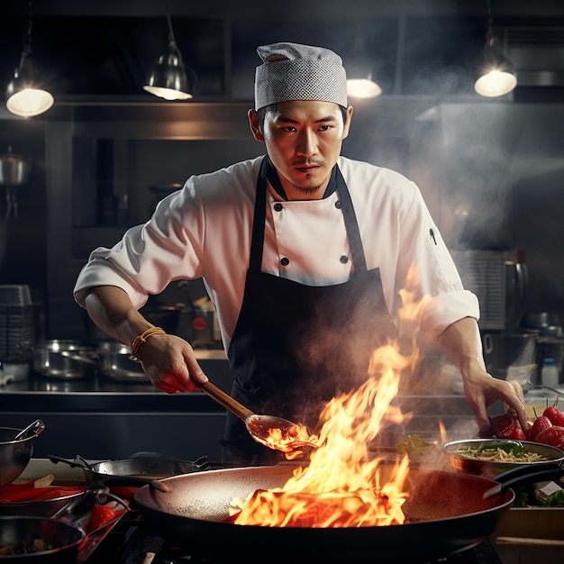 Professional chef workplace at cuisine of restaurant Close up view of man hand stirring soup