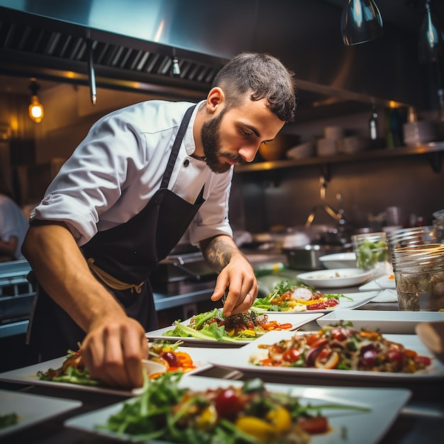 Foto lavoro di chef professionista nella cucina di un ristorante vista ravvicinata di un uomo che mescola la zuppa a mano