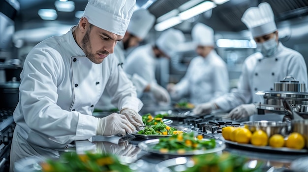 Professional chefs preparing meals in a commercial kitchen showcasing culinary expertise and teamwork