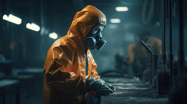 Professional chemical worker in protection suit and gas mask generated ai image