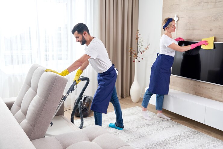 Photo professional cleaners in blue uniform washing floor and wiping dust from the furniture in the living room of the apartment. cleaning service concept