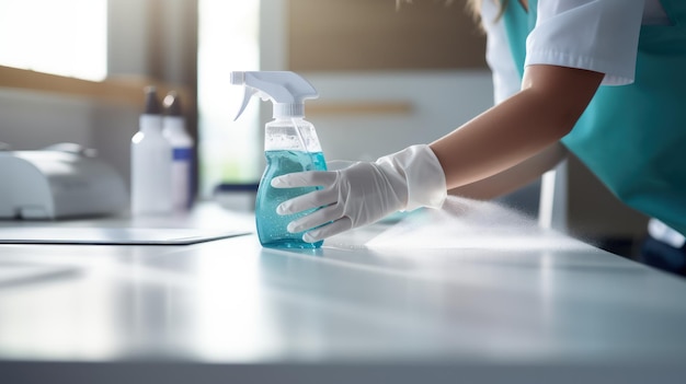 Photo professional cleaning personnel disinfecting an office desk with sprays and wipes