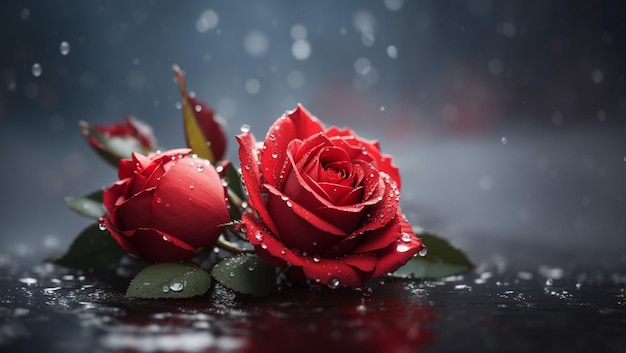 Professional close up of a Red Rose surrounded by fog water droplets on rose lighting