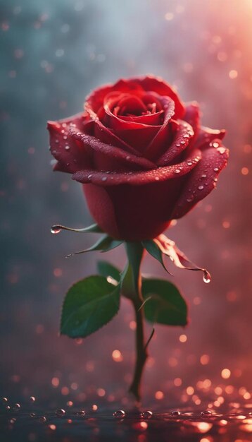 Photo professional close up of a red rose surrounded by fog water droplets on rose warm lighting