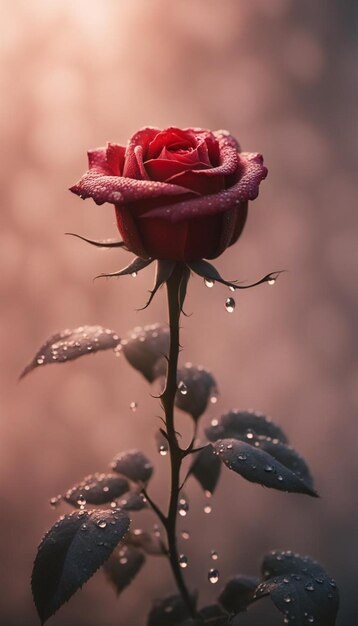 Photo professional close up of a red rose surrounded by fog water droplets on rose warm lighting