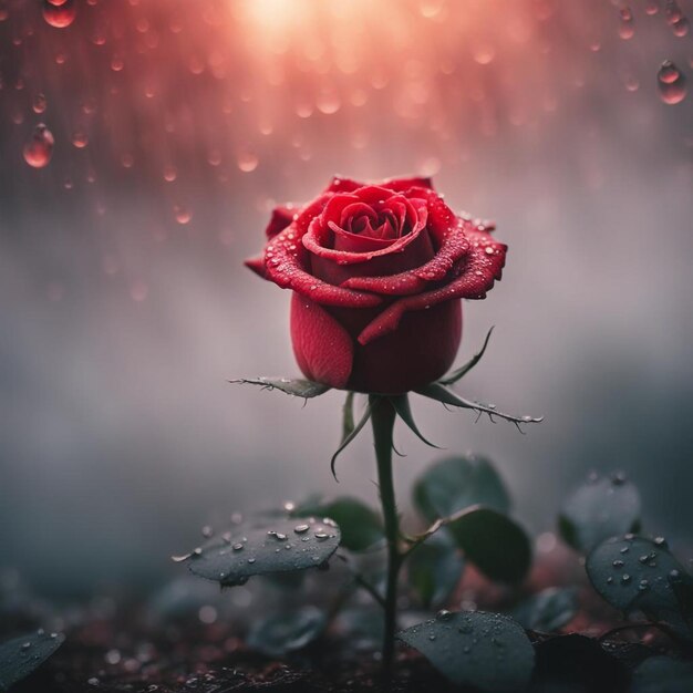 Professional close up of a Red Rose surrounded by fog water droplets on rose warm lighting