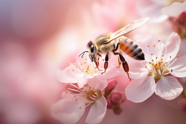 Профессиональный крупный план пчелы в цветке Генеративный искусственный интеллект