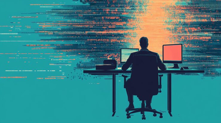 Photo professional coder analyzing data streams at a desk with multiple monitors it software development