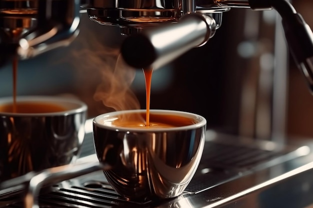 Профессиональное заваривание кофе Клоуз-ап эспрессо, наливаемого из кофейной машины ИИ