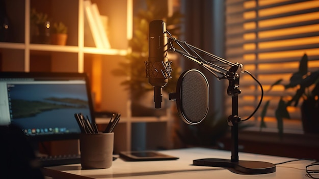 Professional condenser microphone on table in recording studiogenerative ai