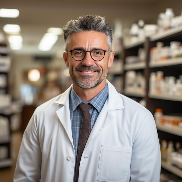 Professional Confident Black Pharmacist Wearing Lab Coat and Glasses Drugstore Store generated by AI