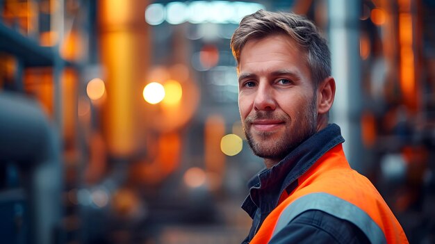 A professional construction worker in a safety vest standing in a factory