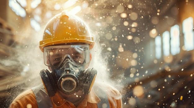 professional construction worker surrounded by floating glass wool dust