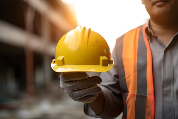 Professional Construction Worker Wearing Hard Hat at Construction Site Generative AI Enhanced Image