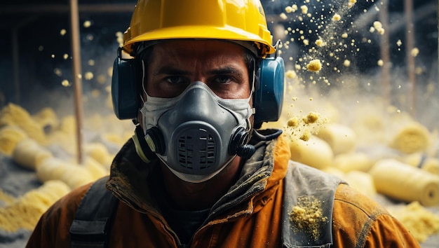 Professional construction worker wearing a highgrade dust mask surrounded by lot of floating parti