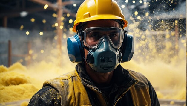 Professional construction worker wearing a highgrade dust mask surrounded by lot of floating parti