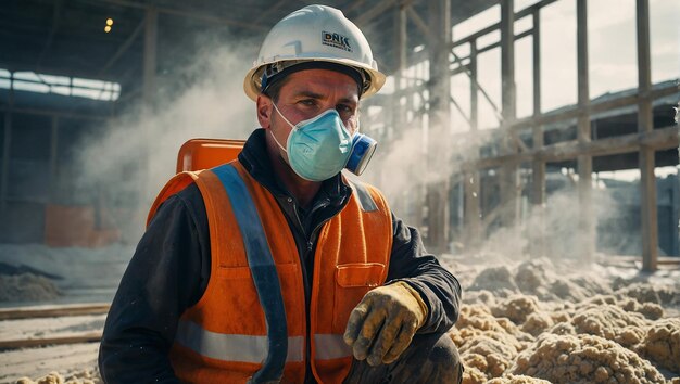 Professional construction worker wearing a highgrade dust mask surrounded by lot of floating parti