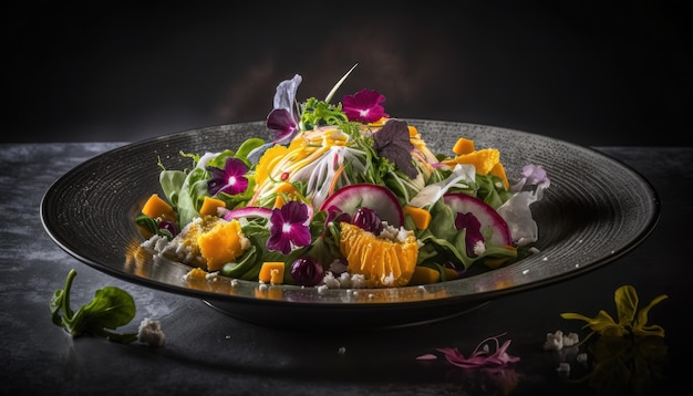 Professional cook Appetizing plate of salad Dark background Generative AI