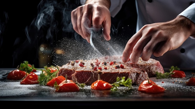 Professional cook chef preparing meat in the kitchen culinary concept