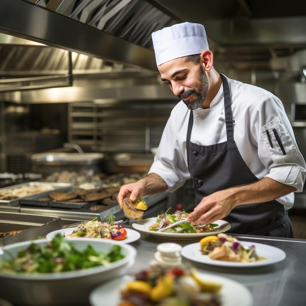 Foto cuoco professionista che cucina cibo in cucina