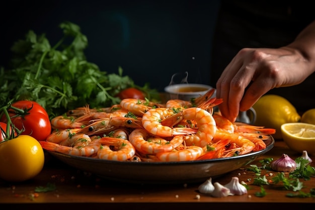 A professional cook prepares shrimp seafood Generative Ai