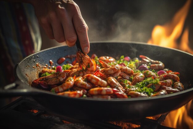 プロの料理人が鍋で緑色のスパイスを入れてエビのシーフードを調理します