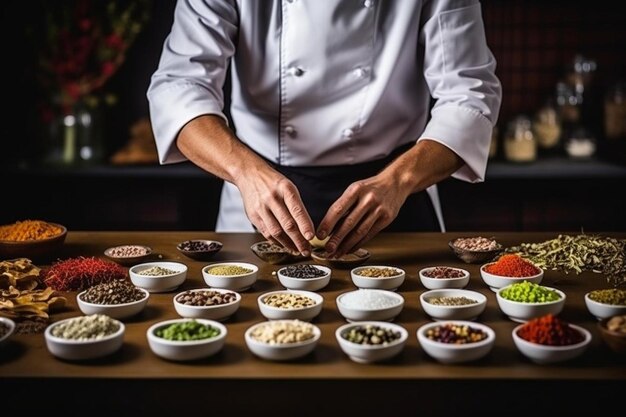 Photo professional cook in uniform add some spices to dish decorating delicious meal for guests in hotel