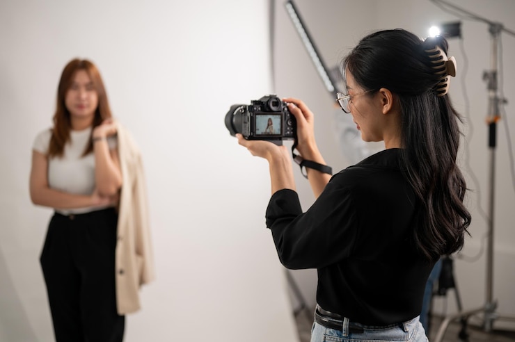 Photo 전문적인 멋진 아시아 여성 사진작가가 스튜디오에서 모델의 사진을 찍습니다.