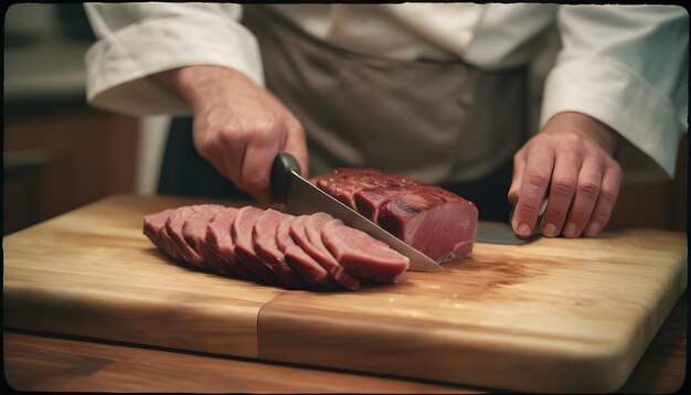 Professional cutlery used by a chef to cut red meat on a chopping board