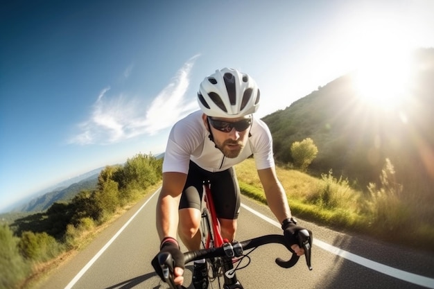 Photo professional cyclist in protective helmet trains on mountain road generative ai