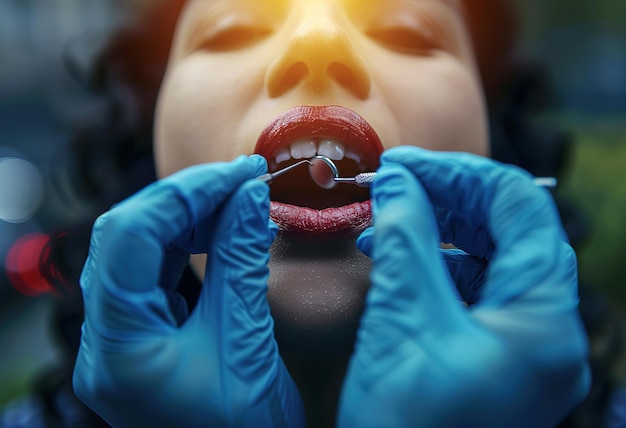 Photo professional dental care closeup of a dentist performing a routine examination on a patient emphasizing the importance of oral hygiene
