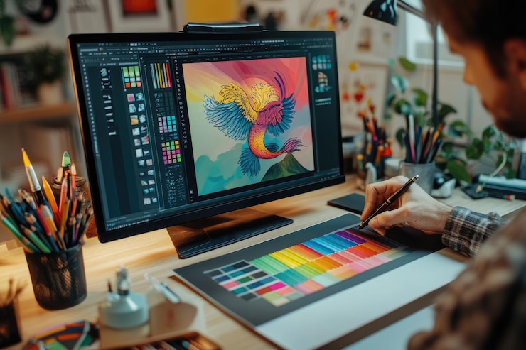 Photo professional designer creating branding materials for marketing
