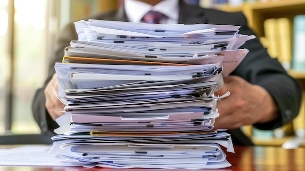 Professional at desk organizing paperwork efficient work environment
