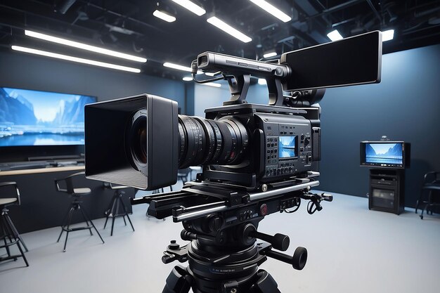 Photo professional digital video camera television studio inside the video camera is shooting tv show