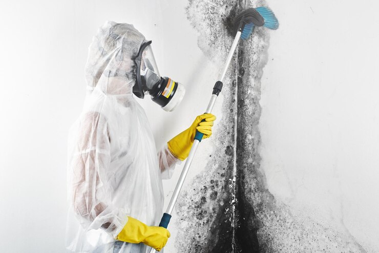 Photo a professional disinfector in overalls processes the walls from mold with a brush. removal of black fungus in the apartment and house. aspergillus.