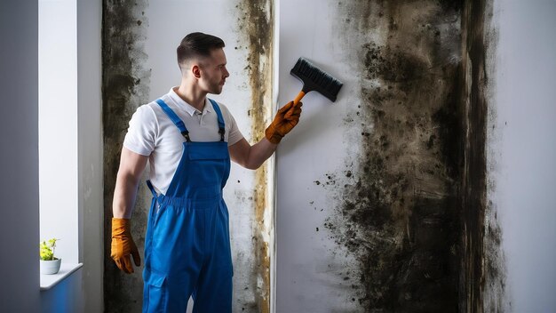 Photo a professional disinfector in overalls processes the walls from mold with a brush