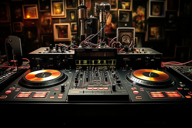 Photo professional dj gear dual turntables and mixer generative by ai