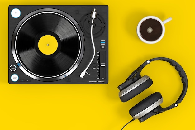 Professional dj turntable vinyl record player with headphones and coffee cup on a yellow background. 3d rendering