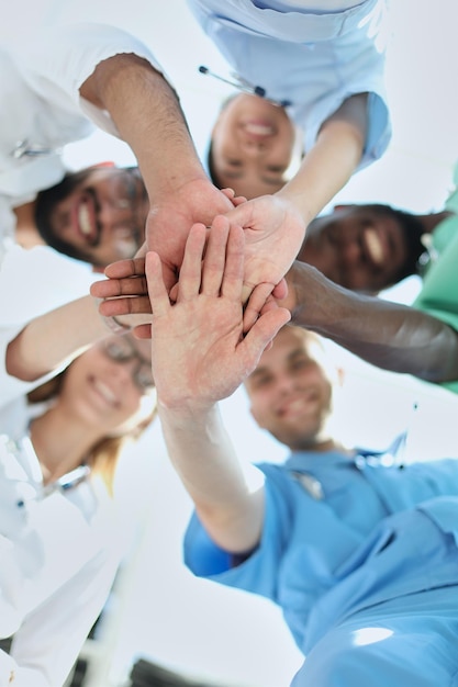 Professional Doctors Holding Each Other Hands Multinational Medician Meeting Teamwork Connection Clinician Team Group Working Together