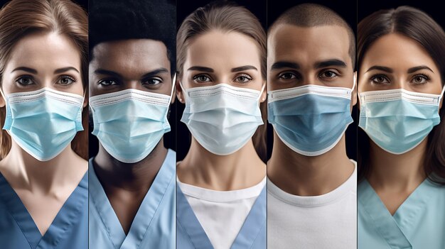 Foto squadra di medici professionisti in maschera e uniforme che guardano il lavoro dell'ospedale della telecamera creato con la tecnologia di intelligenza artificiale generativa