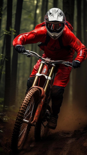 professional downhill rider fully equipped with protective gear riding his bicycle in mountains