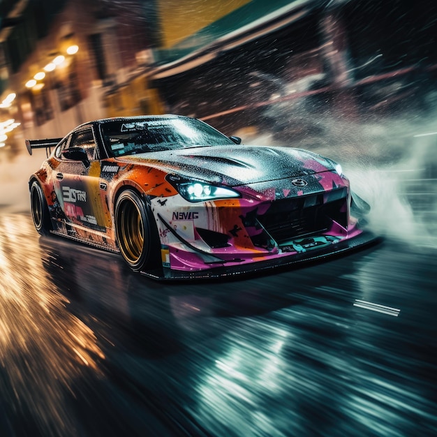 professional drift photo japan JDM car speed motion dynamic speed drone view orange