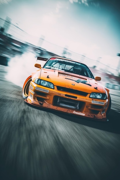 professional drift photo japan JDM car speed motion dynamic speed drone view orange