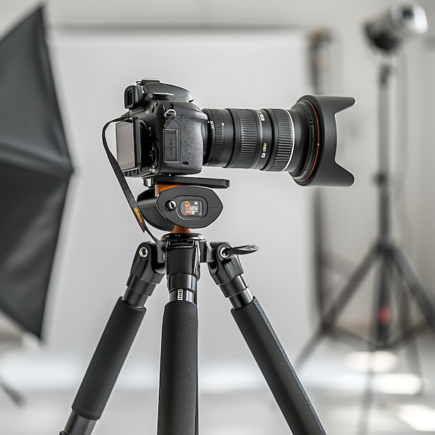 Photo professional dslr camera on tripod in bright studio with softbox lighting