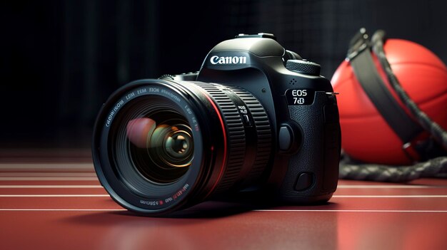 Photo professional dslr camera with red ring lens on a dark background