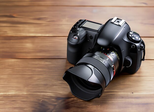 Photo professional dslr camera on the wooden table