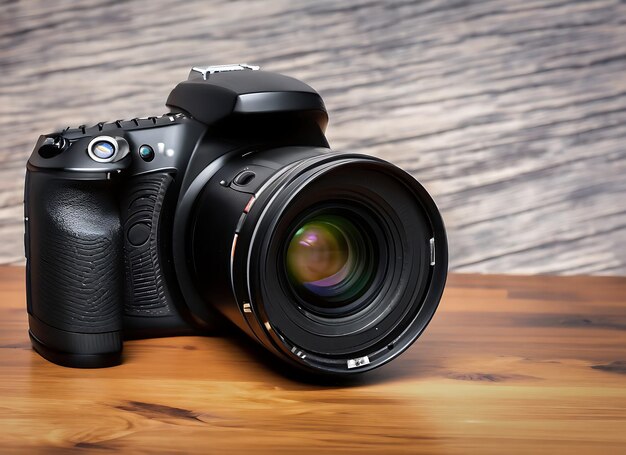 Professional dslr camera on the wooden table