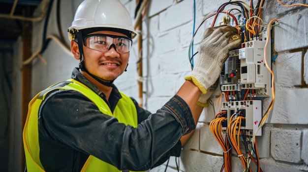 Foto un elettricista professionista sorride mentre lavora su un complesso pannello elettrico