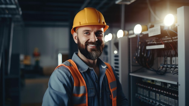 プロの電気技師の男性は、電気接続ケーブルを使って配電盤で作業します。