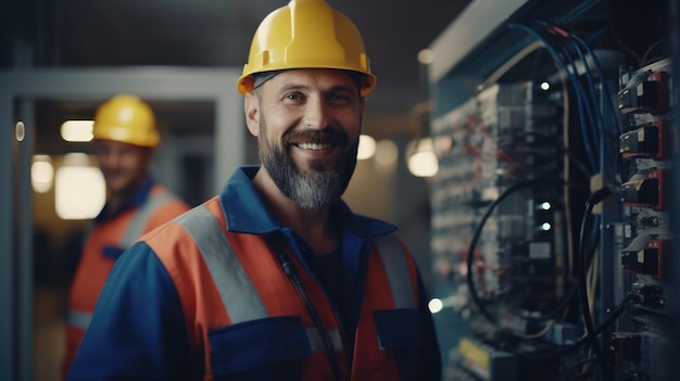 Professional electrician man works in a switchboard with an electrical connecting cable Electrician repairing